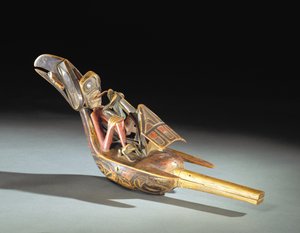 Tsimshian holló csörgő (fa, pigment, csörgők, pamutzsineg)